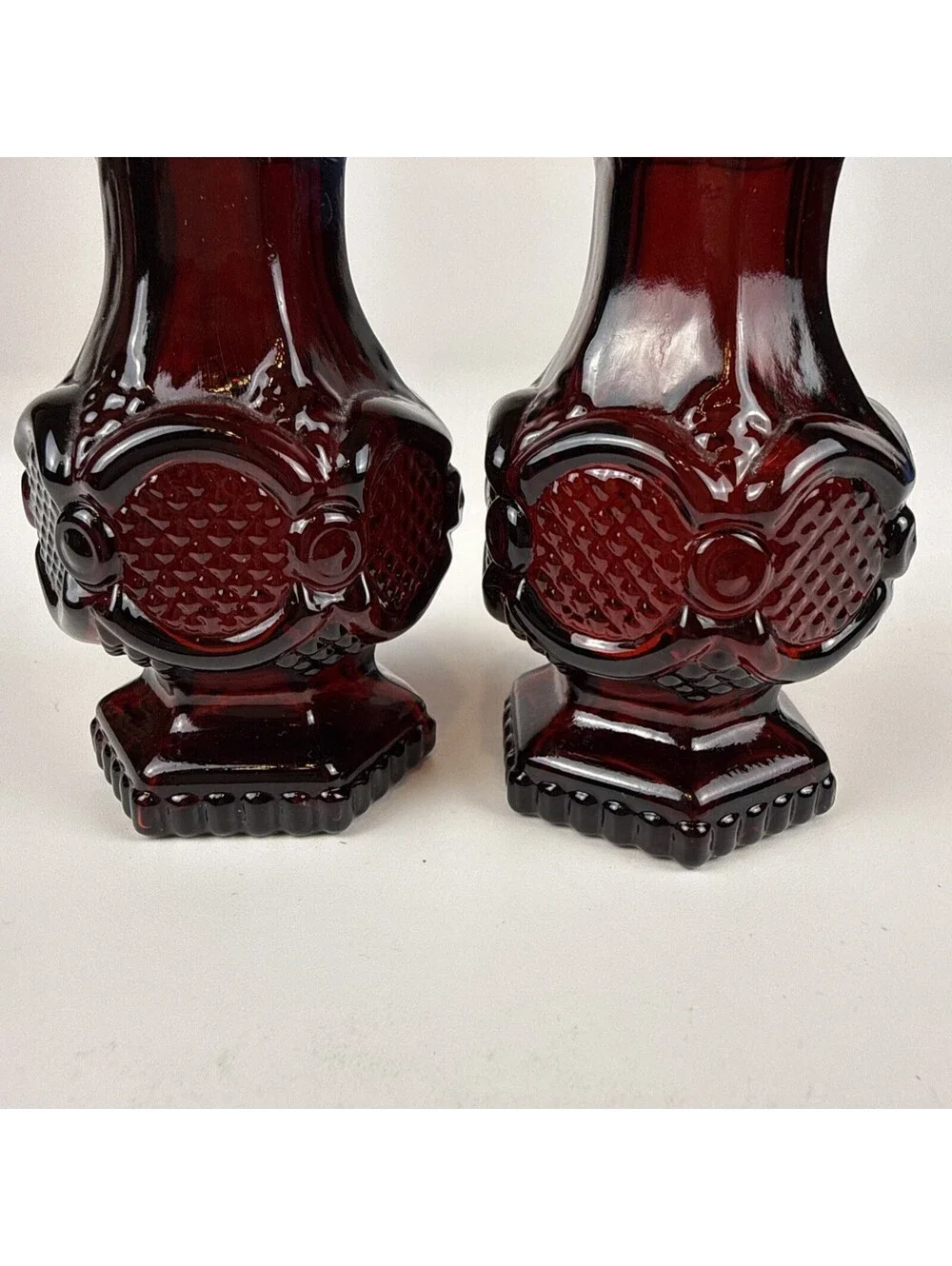 Salt Pepper Shakers Pair Avon Cape Cod  Red Glass 4.5